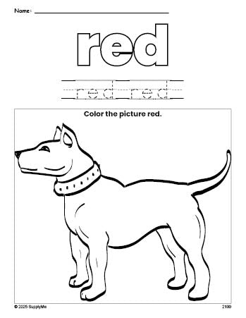 Free dog color red coloring page and color worksheet, red worksheet for preschoolers to learn colors, printable PDF