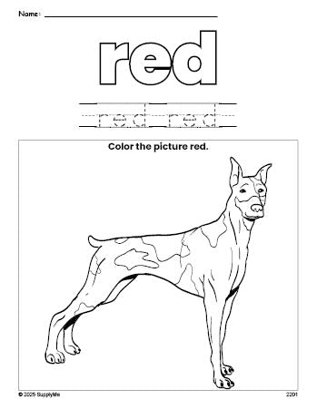 Free dog color red coloring page and color worksheet, red worksheet for preschoolers to learn colors, printable PDF