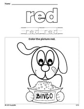 Free dog color red coloring page and color worksheet, red worksheet for preschoolers to learn colors, printable PDF