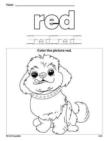 Free dog color red coloring page and color worksheet, red worksheet for preschoolers to learn colors, printable PDF