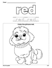 Free dog color red coloring page and color worksheet, red worksheet for preschoolers to learn colors, printable PDF