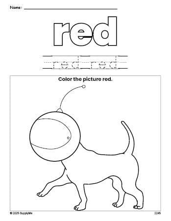 Free dog color red coloring page and color worksheet, red worksheet for preschoolers to learn colors, printable PDF