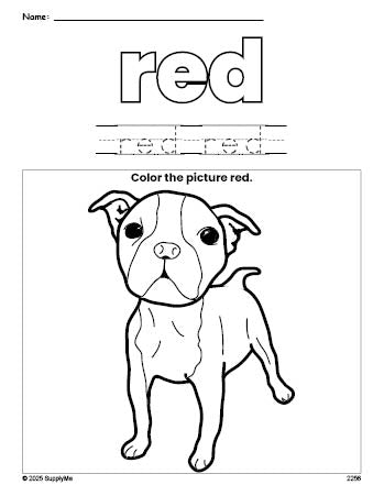 Free dog color red coloring page and color worksheet, red worksheet for preschoolers to learn colors, printable PDF