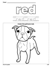 Free dog color red coloring page and color worksheet, red worksheet for preschoolers to learn colors, printable PDF