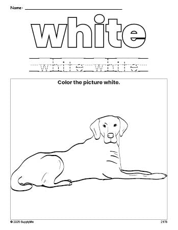 Free dog color white coloring page and color worksheet, white worksheet for preschoolers to learn colors, printable PDF