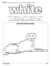 Free dog color white coloring page and color worksheet, white worksheet for preschoolers to learn colors, printable PDF