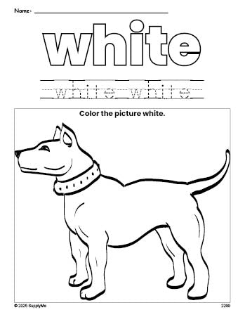 Free dog color white coloring page and color worksheet, white worksheet for preschoolers to learn colors, printable PDF