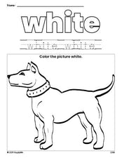 Free dog color white coloring page and color worksheet, white worksheet for preschoolers to learn colors, printable PDF