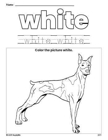 Free dog color white coloring page and color worksheet, white worksheet for preschoolers to learn colors, printable PDF