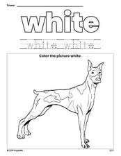 Free dog color white coloring page and color worksheet, white worksheet for preschoolers to learn colors, printable PDF