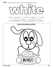 Free dog color white coloring page and color worksheet, white worksheet for preschoolers to learn colors, printable PDF