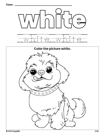 Free dog color white coloring page and color worksheet, white worksheet for preschoolers to learn colors, printable PDF