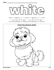 Free dog color white coloring page and color worksheet, white worksheet for preschoolers to learn colors, printable PDF