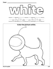 Free dog color white coloring page and color worksheet, white worksheet for preschoolers to learn colors, printable PDF