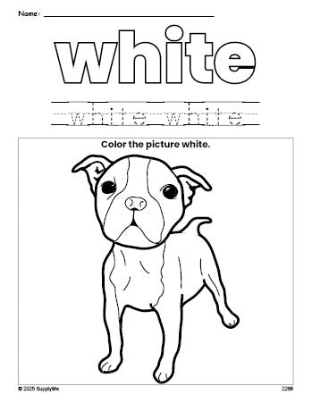 Free dog color white coloring page and color worksheet, white worksheet for preschoolers to learn colors, printable PDF