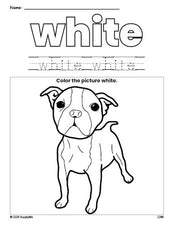 Free dog color white coloring page and color worksheet, white worksheet for preschoolers to learn colors, printable PDF