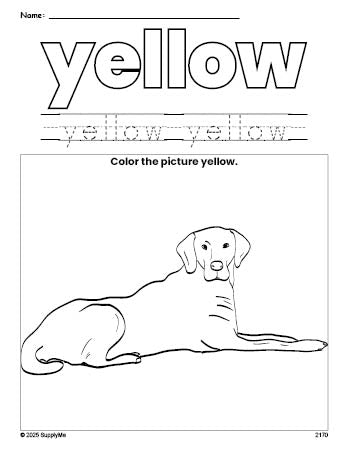 Free dog color yellow coloring page and color worksheet, yellow worksheet for preschoolers to learn colors, printable PDF