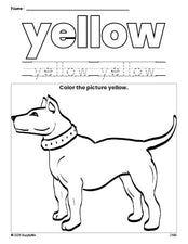 Free dog color yellow coloring page and color worksheet, yellow worksheet for preschoolers to learn colors, printable PDF