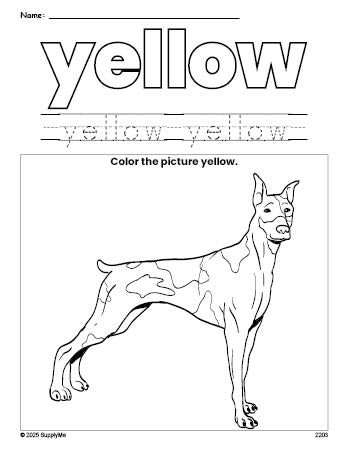 Free dog color yellow coloring page and color worksheet, yellow worksheet for preschoolers to learn colors, printable PDF