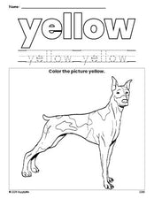 Free dog color yellow coloring page and color worksheet, yellow worksheet for preschoolers to learn colors, printable PDF