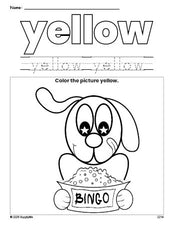 Free dog color yellow coloring page and color worksheet, yellow worksheet for preschoolers to learn colors, printable PDF