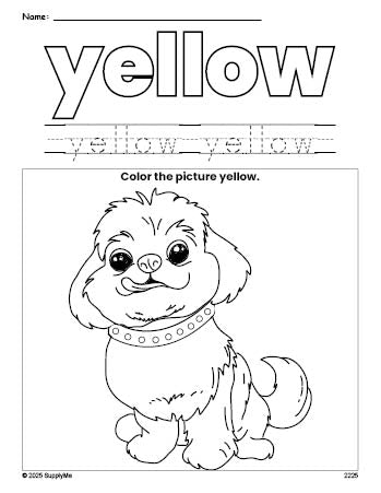 Free dog color yellow coloring page and color worksheet, yellow worksheet for preschoolers to learn colors, printable PDF