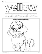 Free dog color yellow coloring page and color worksheet, yellow worksheet for preschoolers to learn colors, printable PDF