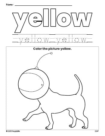 Free dog color yellow coloring page and color worksheet, yellow worksheet for preschoolers to learn colors, printable PDF