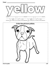 Free dog color yellow coloring page and color worksheet, yellow worksheet for preschoolers to learn colors, printable PDF