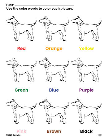 Free dog coloring page and color worksheet for preschoolers to learn colors, printable PDF