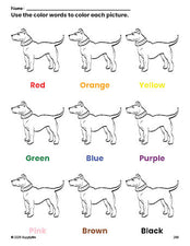 Free dog coloring page and color worksheet for preschoolers to learn colors, printable PDF