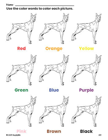 Free dog coloring page and color worksheet for preschoolers to learn colors, printable PDF