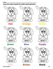 Free dog coloring page and color worksheet for preschoolers to learn colors, printable PDF