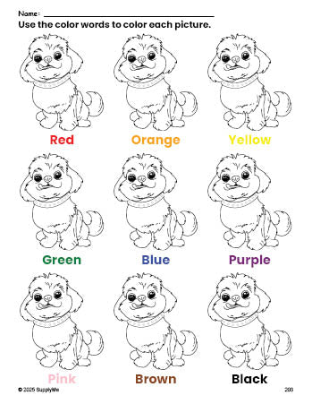 Free dog coloring page and color worksheet for preschoolers to learn colors, printable PDF