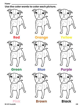 Free dog coloring page and color worksheet for preschoolers to learn colors, printable PDF