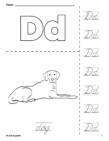 Free printable dog coloring page and cursive letter tracing worksheet, letter d worksheet for preschool, pre-k, and kindergarten, PDF