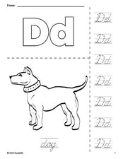 Free printable dog coloring page and cursive letter tracing worksheet, letter d worksheet for preschool, pre-k, and kindergarten, PDF