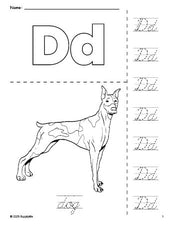 Free printable dog coloring page and cursive letter tracing worksheet, letter d worksheet for preschool, pre-k, and kindergarten, PDF