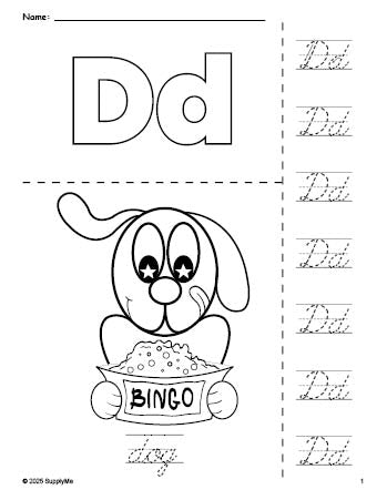 Free printable dog coloring page and cursive letter tracing worksheet, letter d worksheet for preschool, pre-k, and kindergarten, PDF