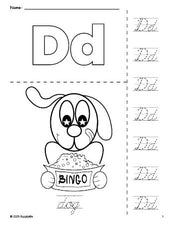 Free printable dog coloring page and cursive letter tracing worksheet, letter d worksheet for preschool, pre-k, and kindergarten, PDF