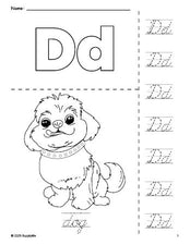 Free printable dog coloring page and cursive letter tracing worksheet, letter d worksheet for preschool, pre-k, and kindergarten, PDF