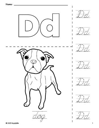 Free printable dog coloring page and cursive letter tracing worksheet, letter d worksheet for preschool, pre-k, and kindergarten, PDF