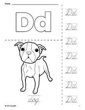 Free printable dog coloring page and cursive letter tracing worksheet, letter d worksheet for preschool, pre-k, and kindergarten, PDF