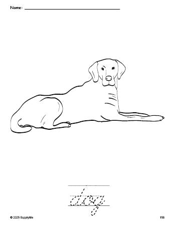 Free printable dog coloring page and cursive word tracing worksheet, perfect for preschool, pre-k, and kindergarten, PDF