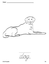 Free printable dog coloring page and cursive word tracing worksheet, perfect for preschool, pre-k, and kindergarten, PDF