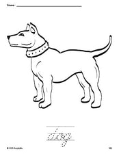 Free printable dog coloring page and cursive word tracing worksheet, perfect for preschool, pre-k, and kindergarten, PDF