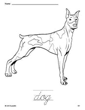 Free printable dog coloring page and cursive word tracing worksheet, perfect for preschool, pre-k, and kindergarten, PDF