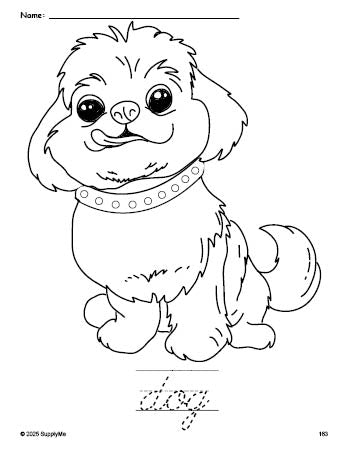 Free printable dog coloring page and cursive word tracing worksheet, perfect for preschool, pre-k, and kindergarten, PDF