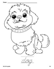 Free printable dog coloring page and cursive word tracing worksheet, perfect for preschool, pre-k, and kindergarten, PDF