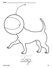 Free printable dog coloring page and cursive word tracing worksheet, perfect for preschool, pre-k, and kindergarten, PDF